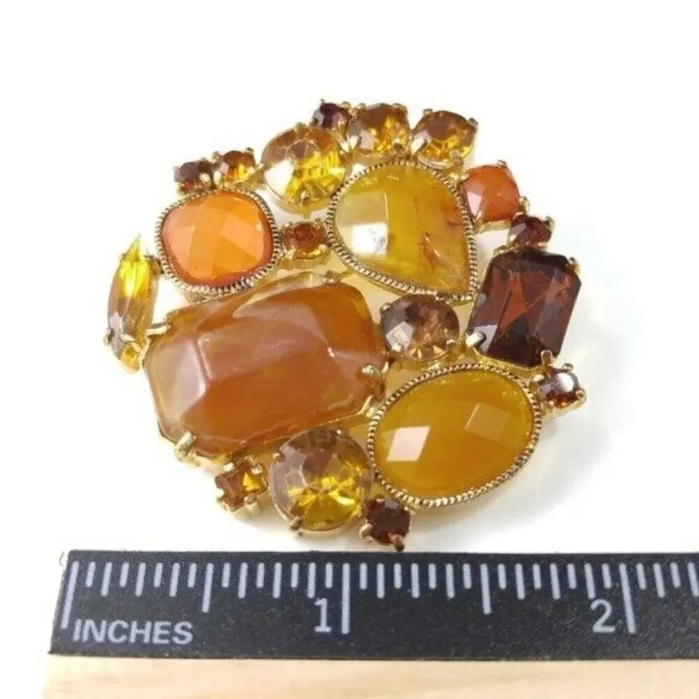 Vintage Topaz Cabochons & Rhinestones Brooch, Light Dark Topaz, Gold Tone, 2 In